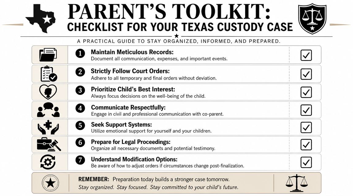 A checklist for parents in a Texas custody case listing seven steps to stay organized and informed.