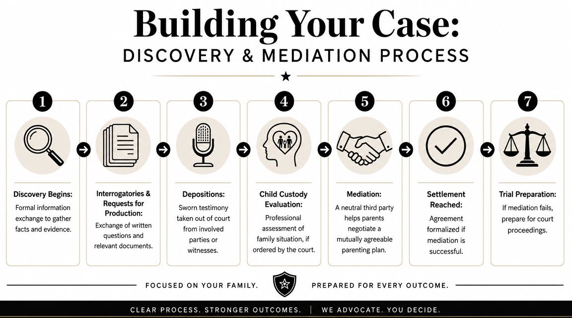 A flow chart outlining the seven stages of a family law custody case discovery and mediation process.