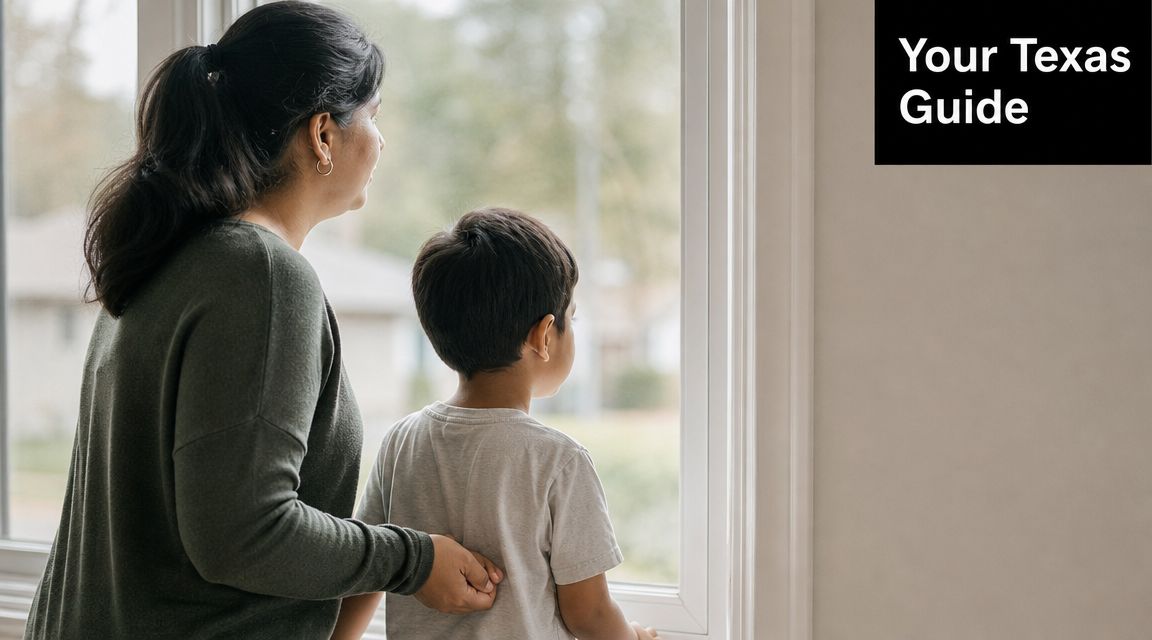 A mother and her young son looking out of a window together with care and attention.