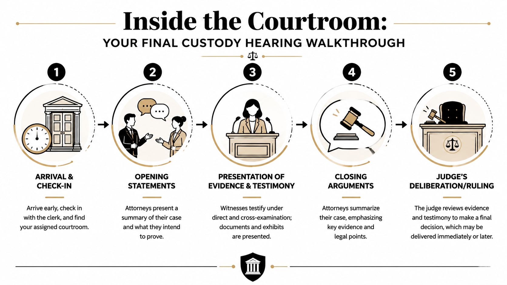 A step-by-step infographic illustrating the sequence of events during a final child custody court hearing.