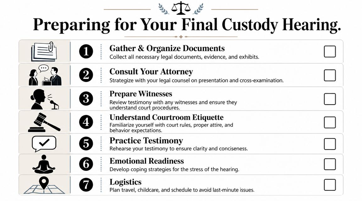 A checklist infographic titled Preparing for Your Final Custody Hearing outlining seven steps for court preparation.