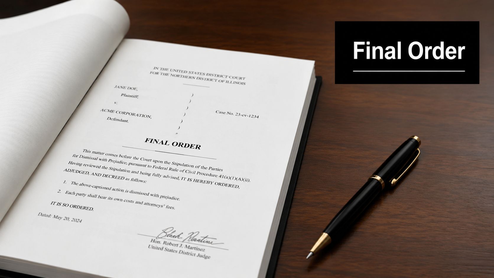 A legal document titled Final Order rests on a wooden desk next to a luxury fountain pen.