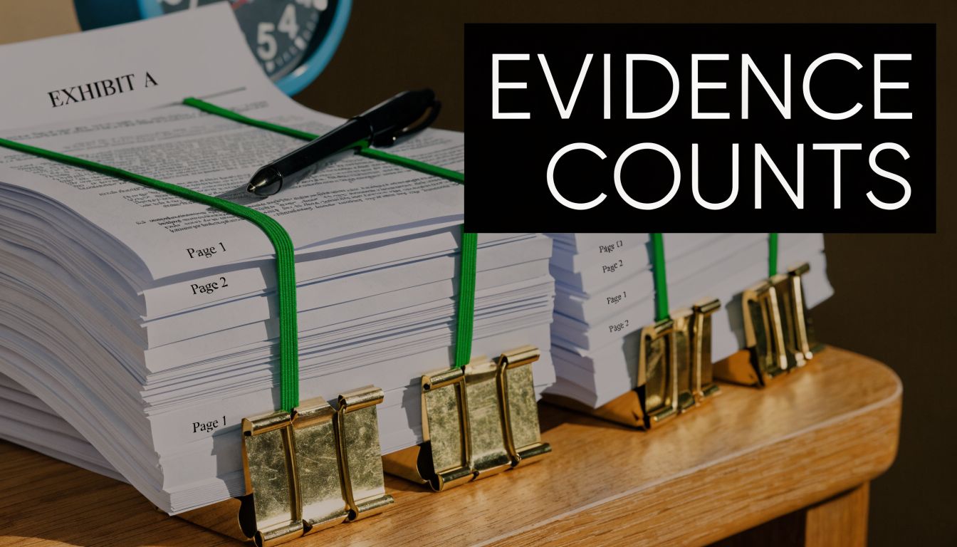 A stack of legal documents labeled Exhibit A and pages secured with green bands and gold clips.