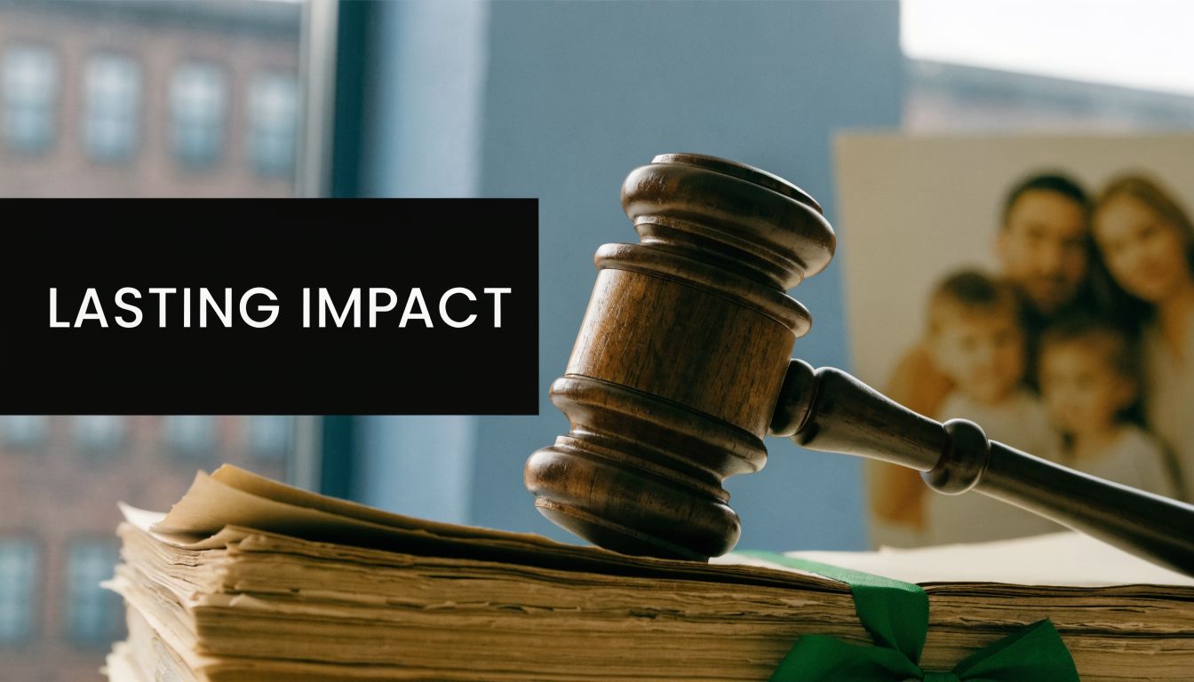 A wooden gavel resting on a stack of legal documents with a blurred family photo background.