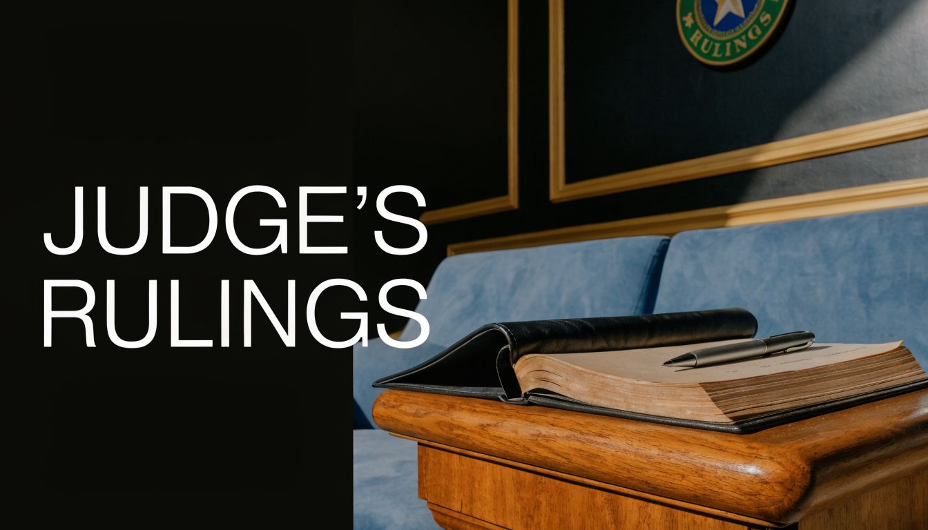 A courtroom setting with an open book and pen on a wooden stand with the text Judge's Rulings.