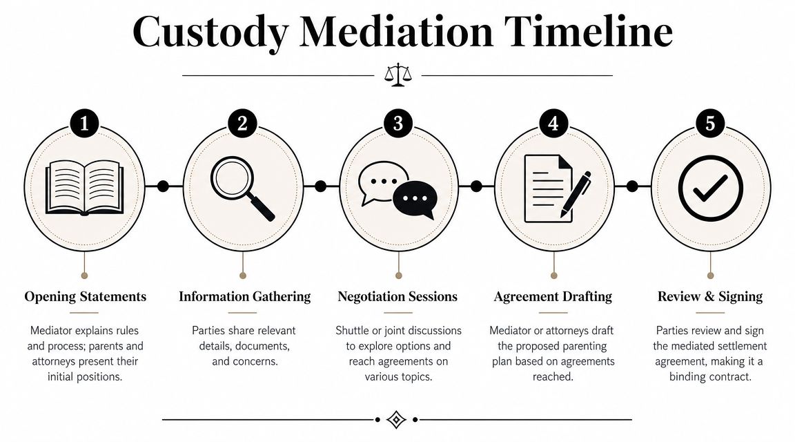 A five-step infographic outlining the custody mediation timeline, from opening statements to the final signing.