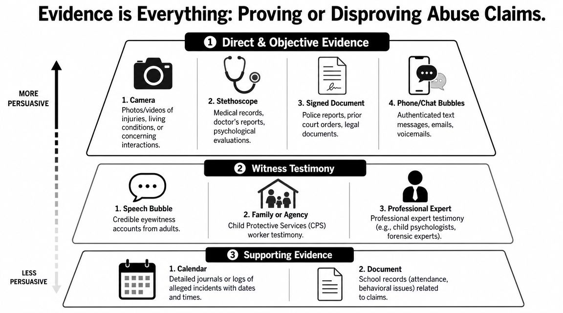A hierarchical pyramid chart explaining the persuasiveness of different types of evidence in abuse claims.