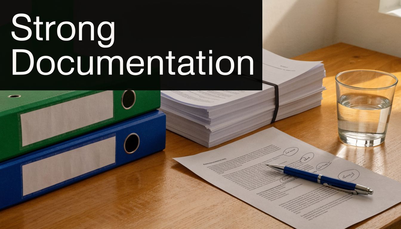 Two folders, a stack of papers, and a pen on a desk illustrating legal custody documentation.