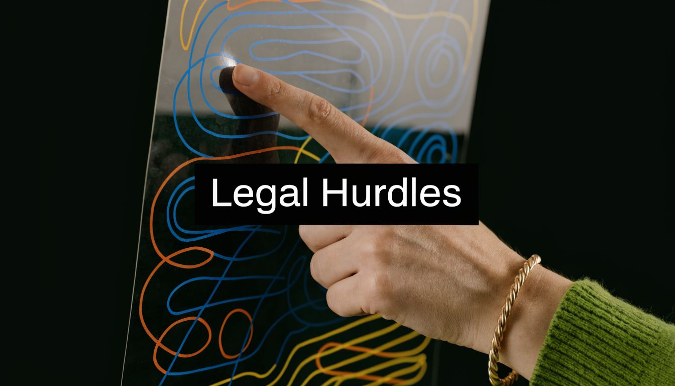 A hand touches a screen with a complex maze graphic, representing legal hurdles in a custody case.