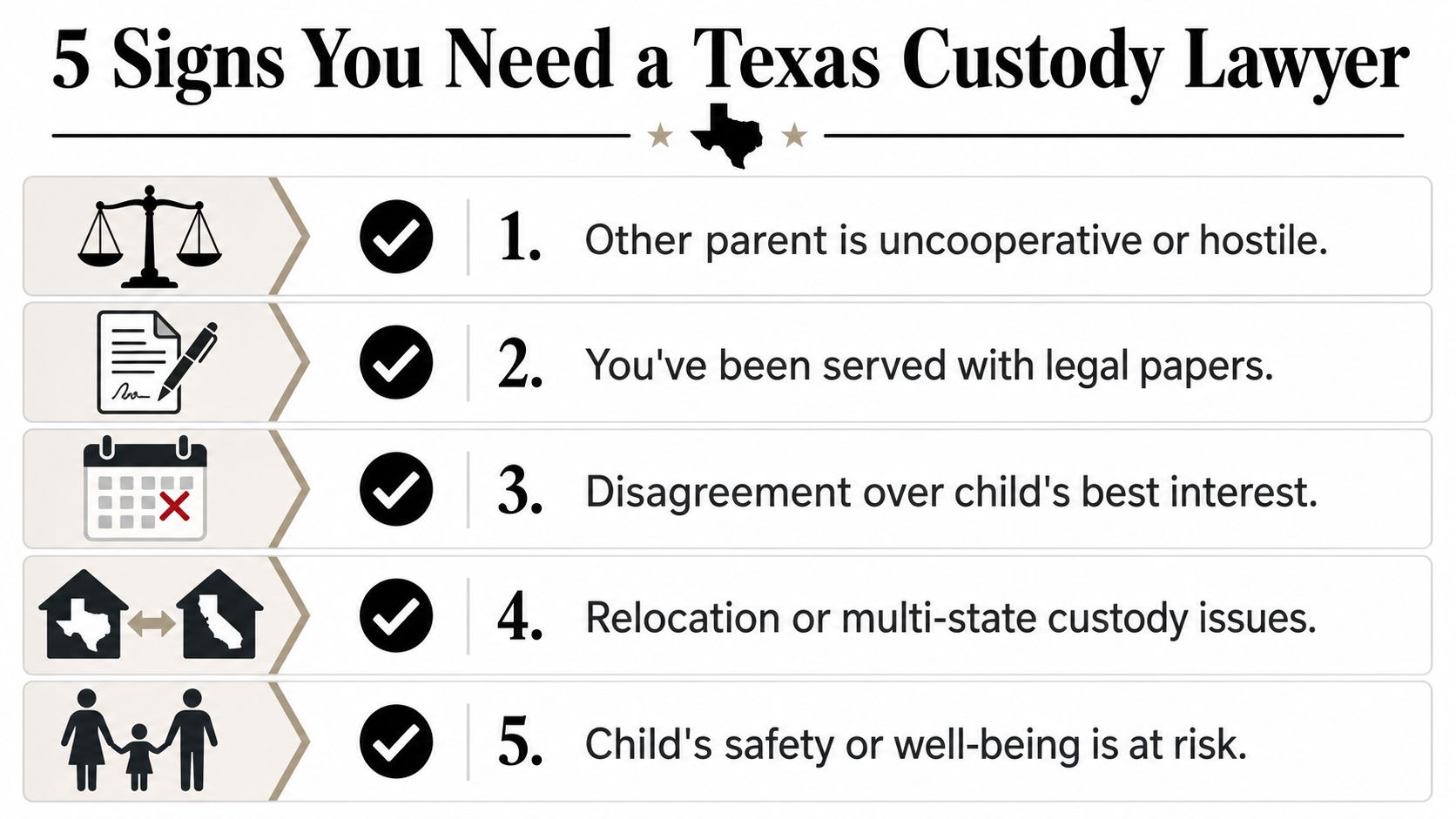 A list of five key signs indicating the need for a professional Texas child custody attorney.