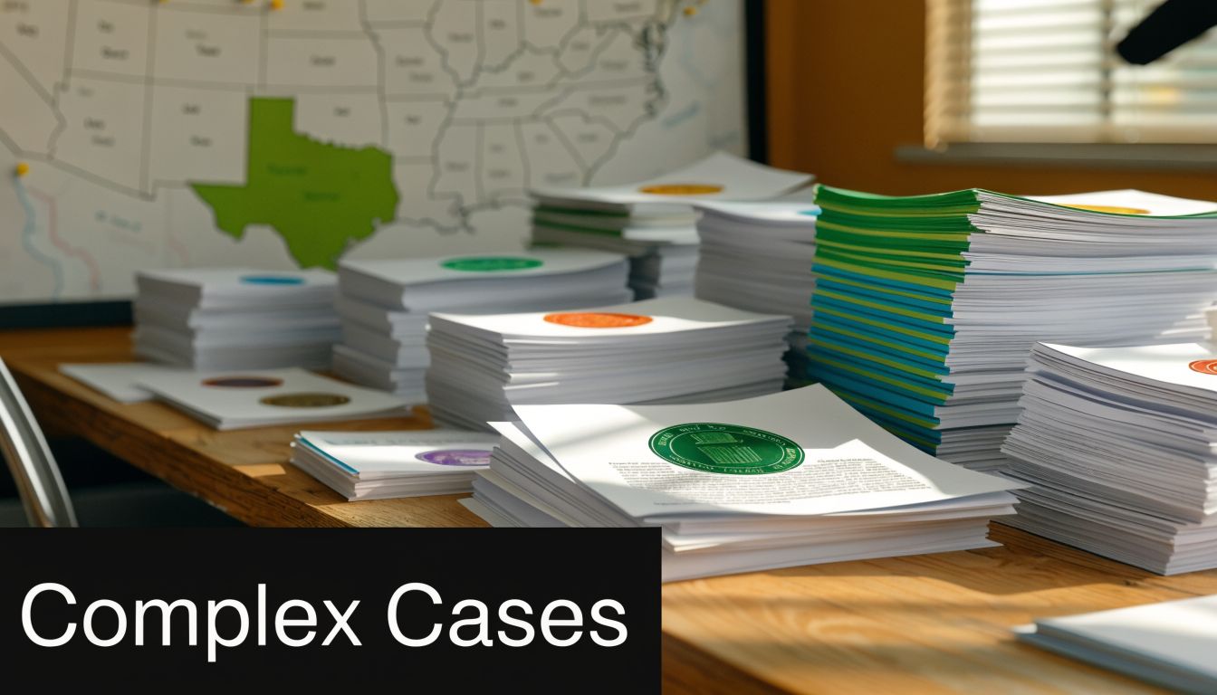 Stacks of legal paperwork and case files arranged on a desk in front of a Texas map.
