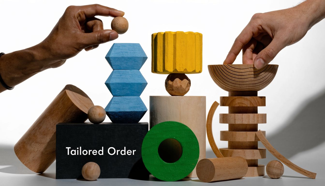 A hand placing a wooden sphere atop a stack of colorful geometric shapes representing structured planning.