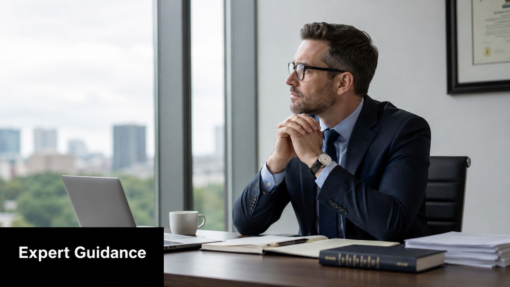 A professional man in a suit looks out a window thoughtfully while working at his desk.