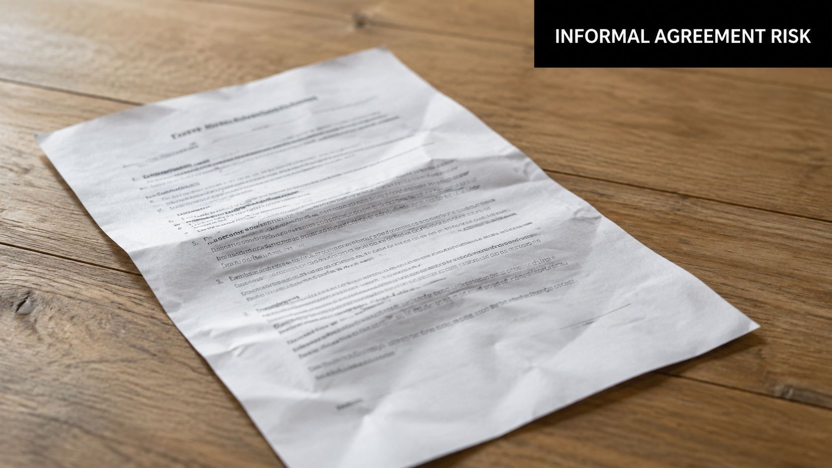 A wrinkled legal document resting on a wooden surface representing the risks of informal agreements