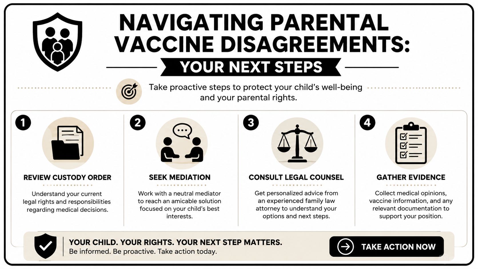 An infographic outlining four steps for parents to take when dealing with disagreements regarding child vaccination.