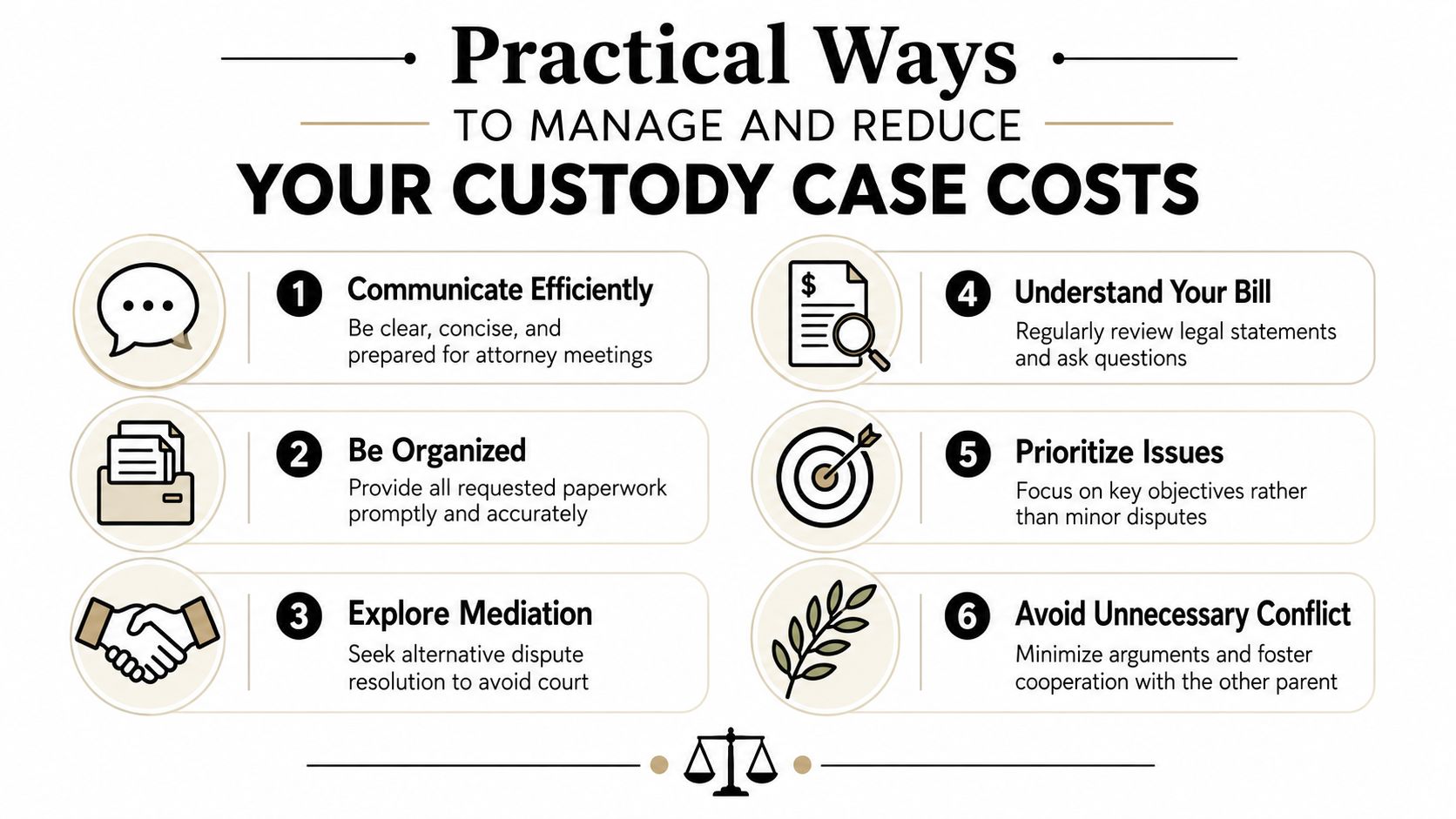 An infographic detailing six practical tips to effectively manage and reduce child custody case attorney fees.