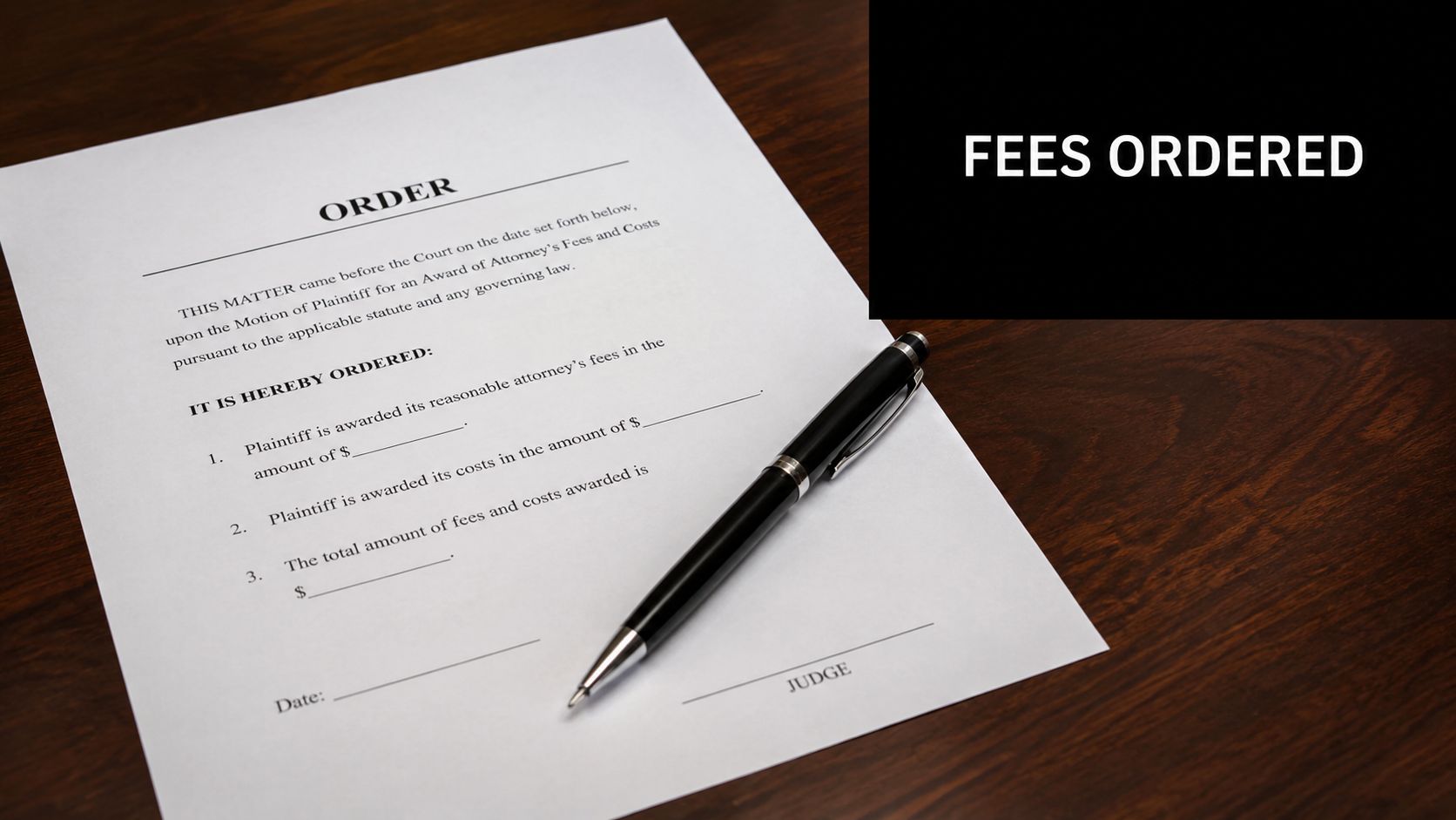 A legal order document on a wooden desk with a pen, representing attorney fees and court costs.
