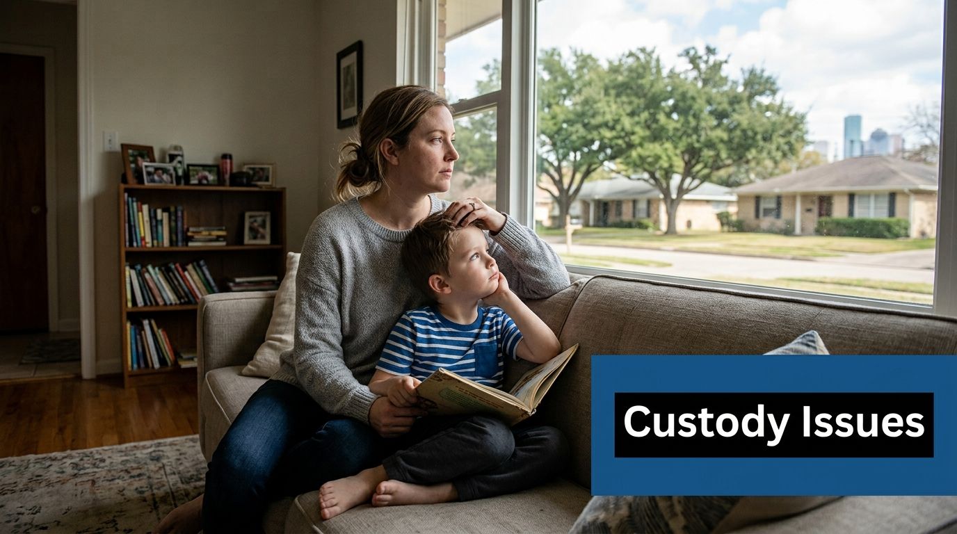 A concerned mother and young son sitting together on a couch, looking out a window.
