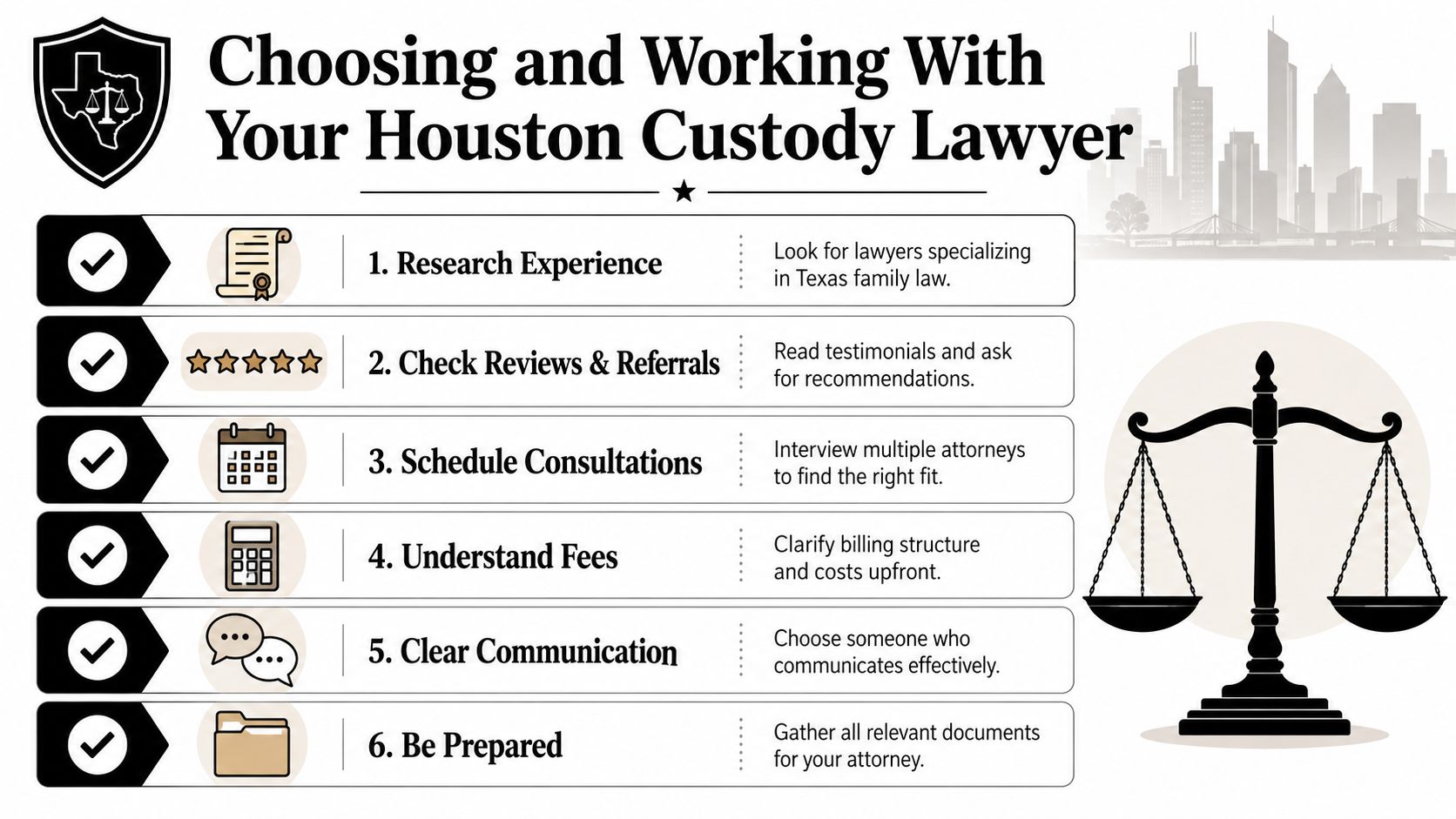 An infographic titled Choosing and Working With Your Houston Custody Lawyer, illustrating six steps to finding legal representation.