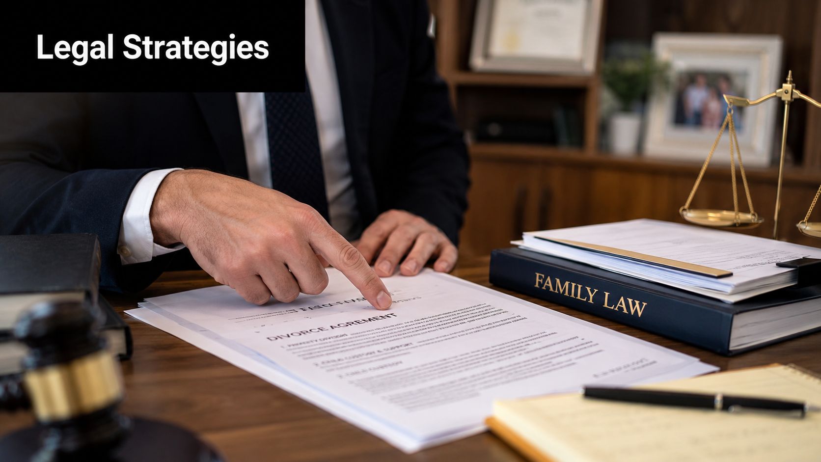 A family law attorney pointing at a divorce agreement document on a wooden desk in an office.
