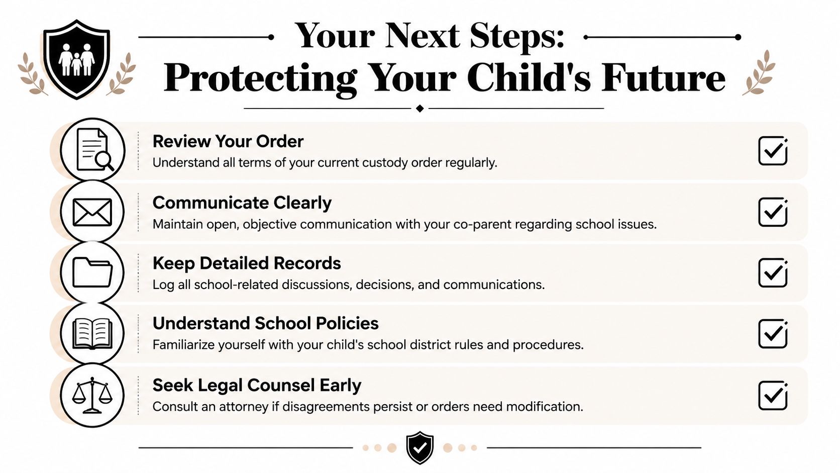 An infographic titled Your Next Steps: Protecting Your Child's Future, featuring five actionable parenting advice tips.
