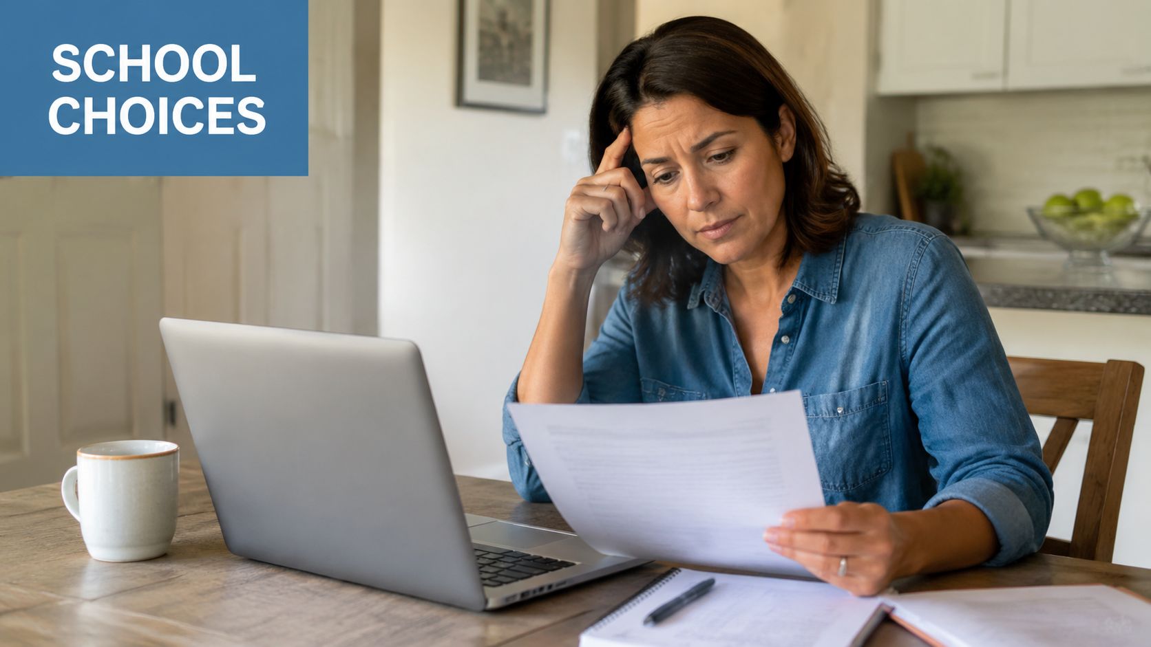 A concerned woman sitting at a table with a laptop, looking at documents to make school choices.