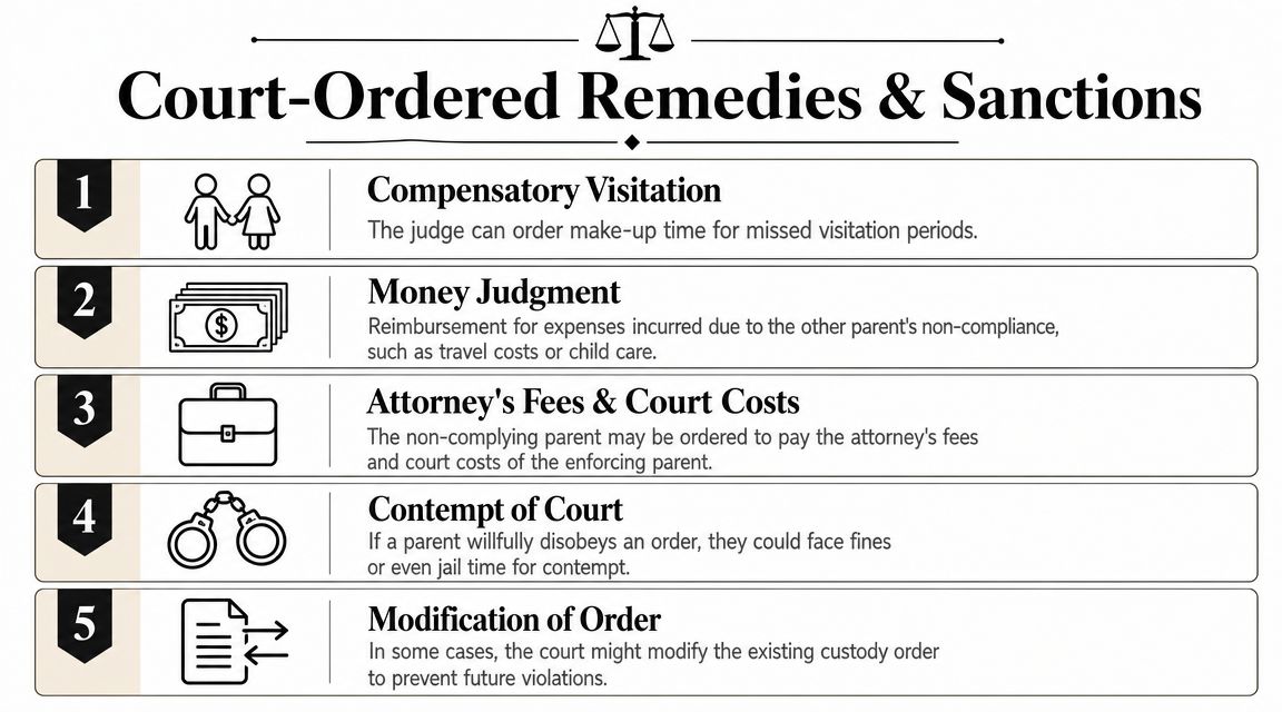 A list graphic illustrating five court-ordered remedies and sanctions for non-compliance with child custody agreements.