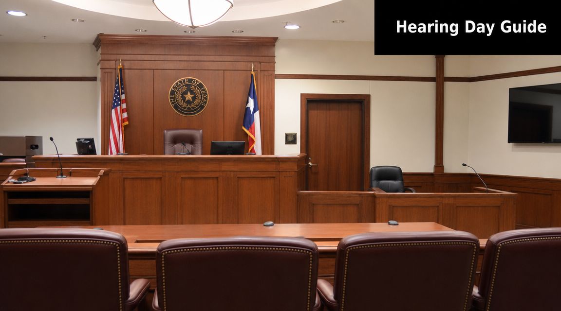 An empty courtroom in Texas featuring a judge's bench, the state seal, and flags for proceedings.