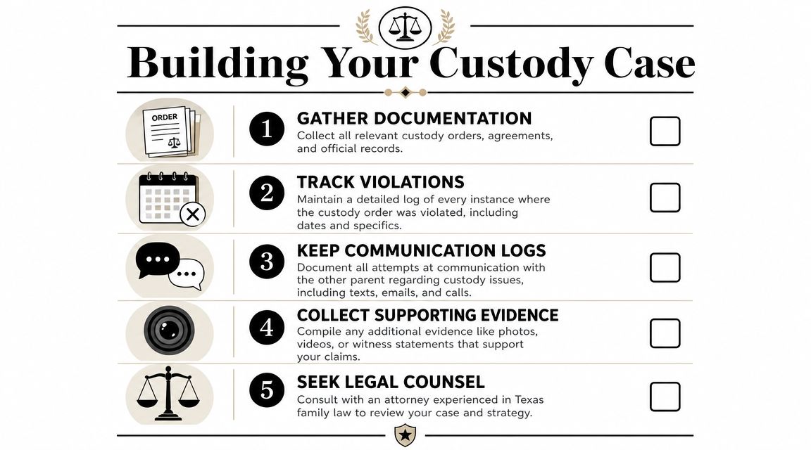 An infographic checklist for building a custody case with five essential steps for legal documentation.