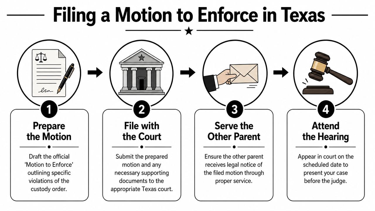 A four-step infographic illustrating how to file a motion to enforce a child custody order in Texas.