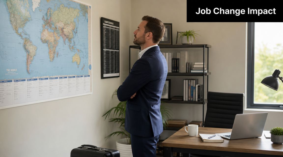 A professional man in a business suit contemplates a world map in a modern office.
