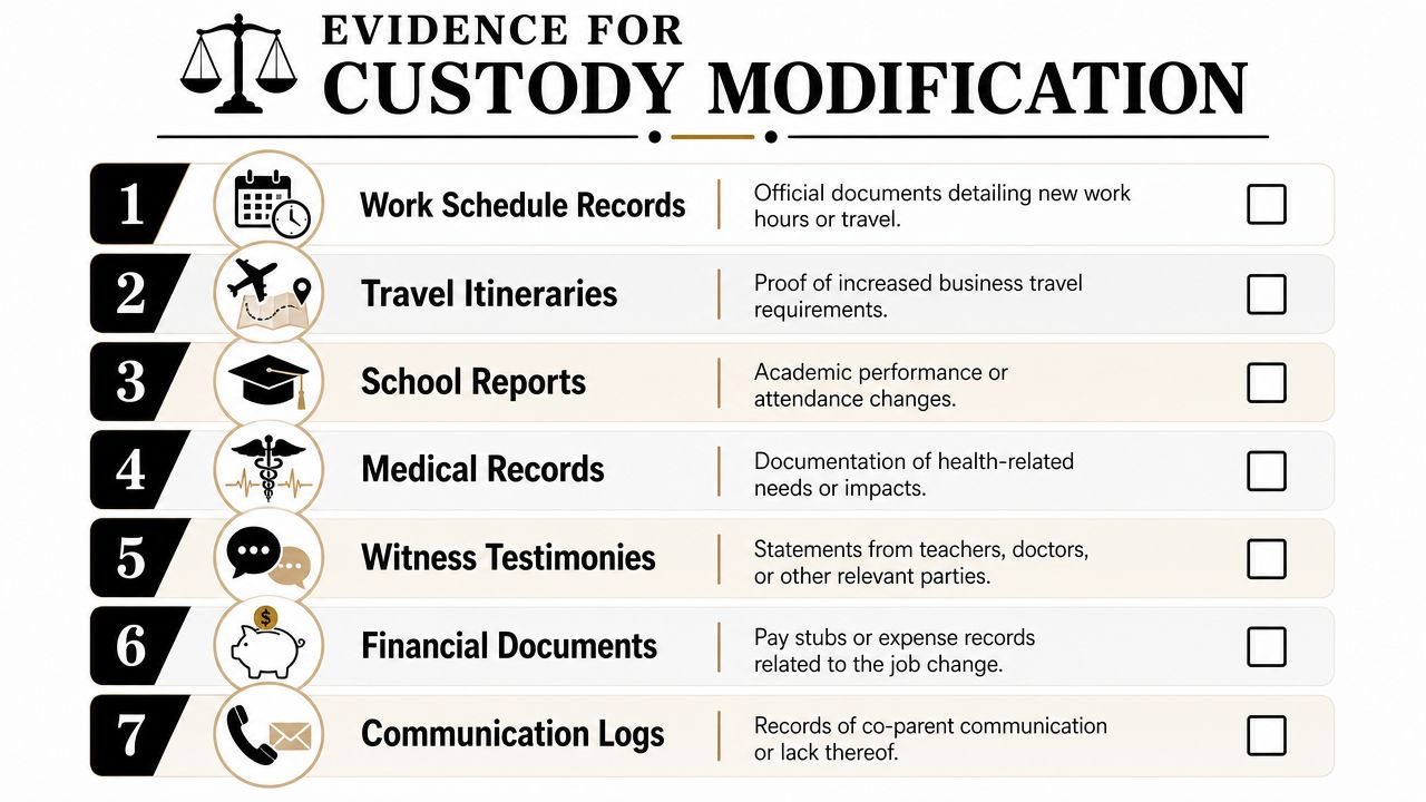 A checklist of seven types of evidence needed for modifying a child custody arrangement following life changes.