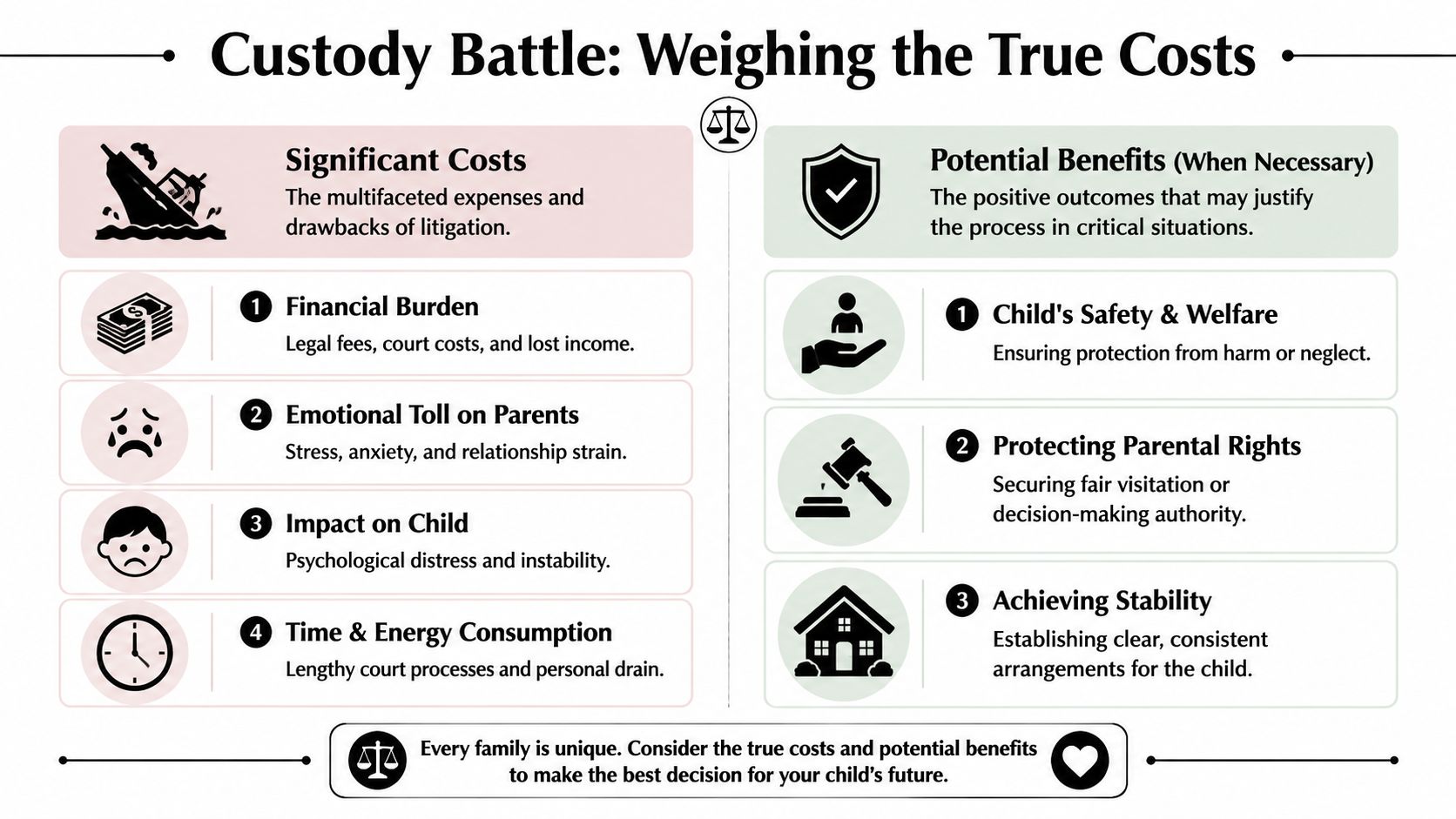 An infographic titled Custody Battle: Weighing the True Costs, comparing financial and emotional costs against potential benefits.