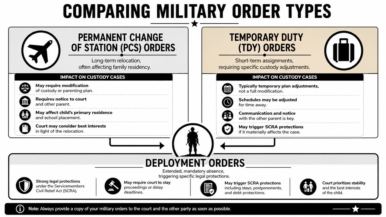 A comparison chart outlining the impact of PCS, TDY, and deployment military orders on child custody cases.