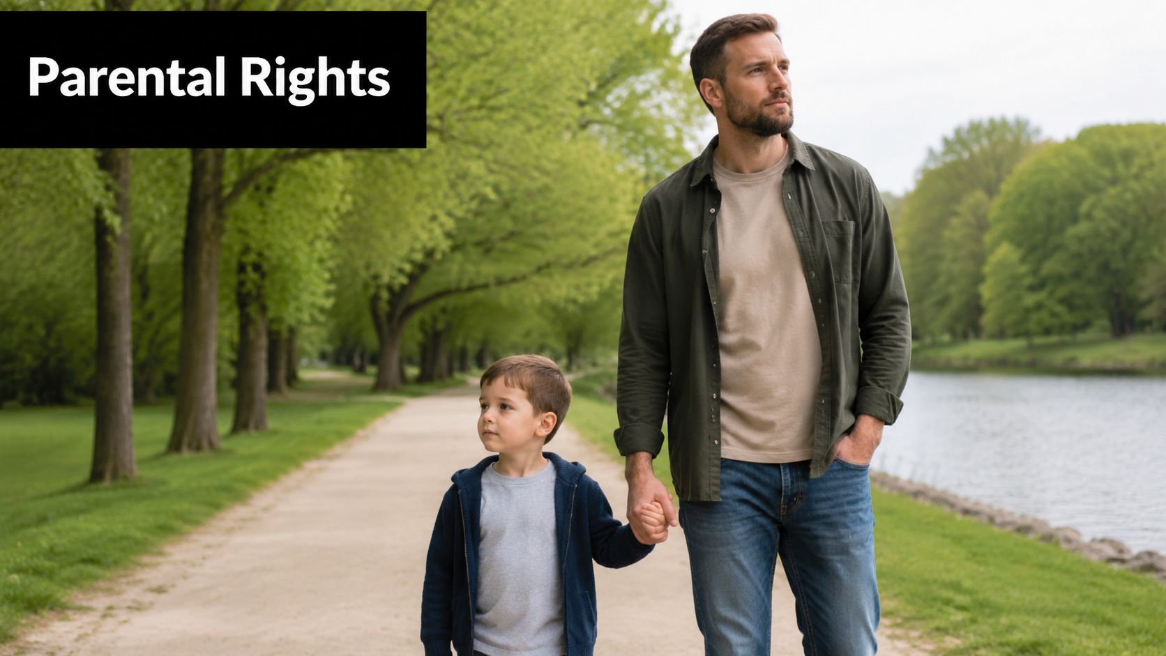 A father walking hand in hand with his young son along a scenic path by a river.