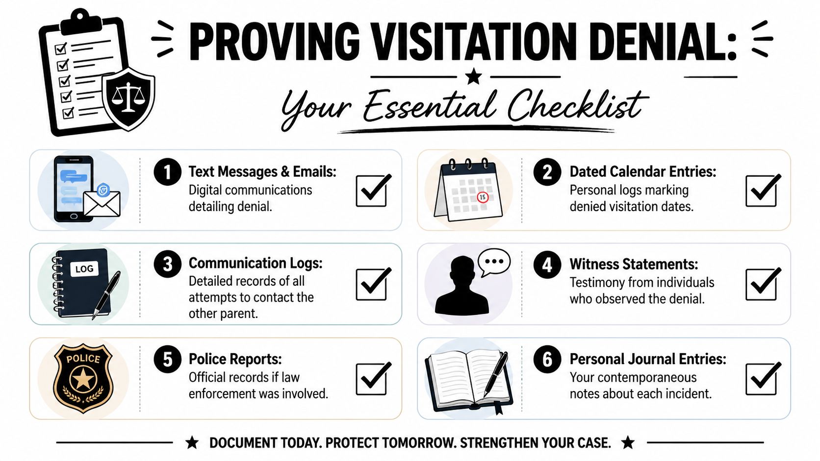 A checklist for proving child visitation denial, including communication logs, police reports, and personal notes.