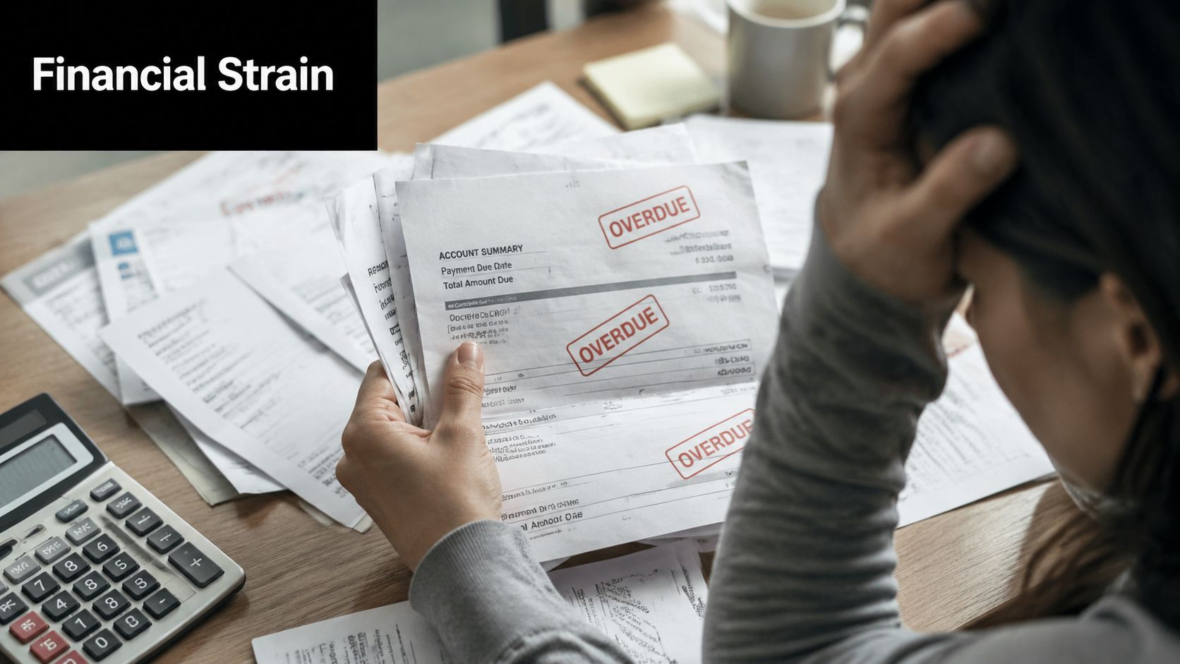 A person feeling stressed while holding several overdue bills with a calculator nearby on a wooden desk.