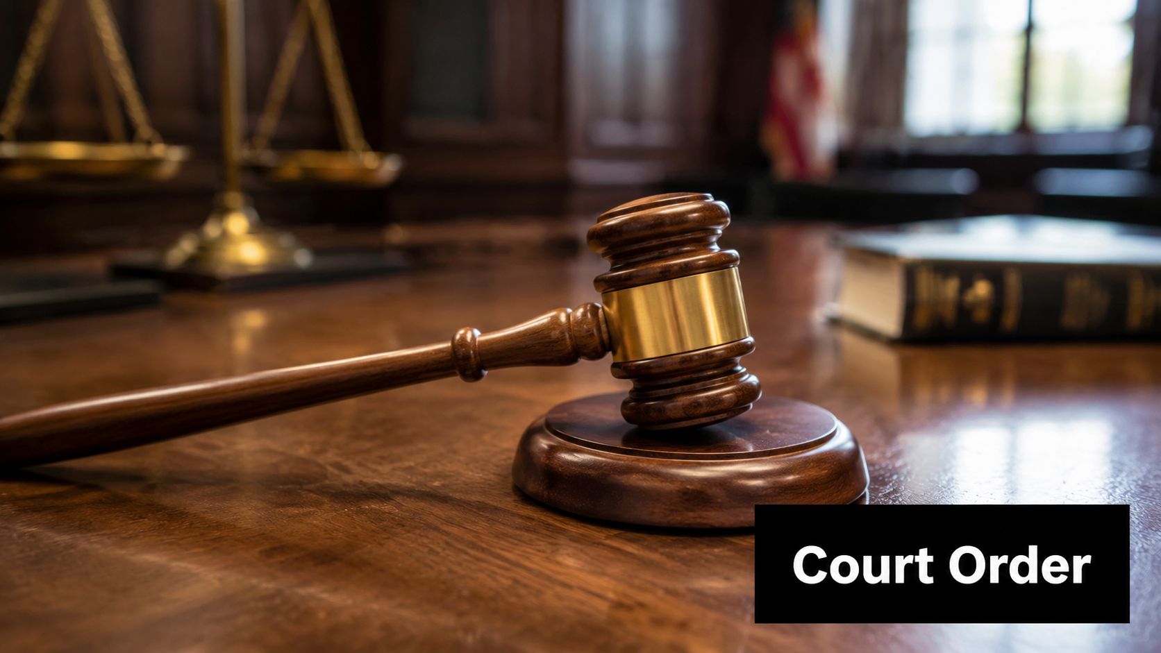 A wooden judge's gavel sits on a courtroom table next to a law book and scales.