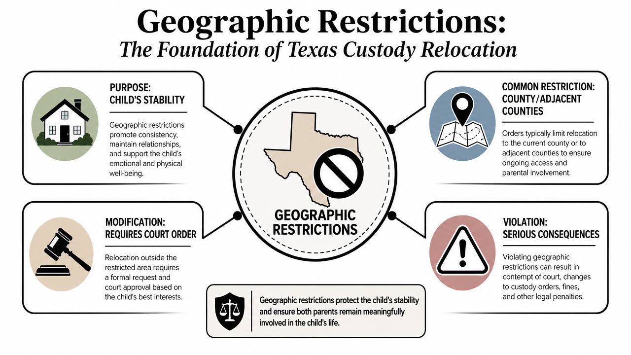 An infographic detailing how Texas child custody geographic restrictions function to maintain stability and parental involvement.