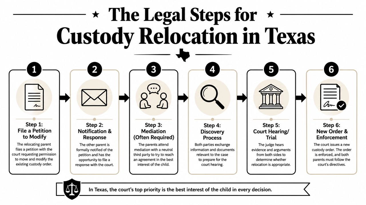 A six-step infographic outlining the legal process for child custody relocation cases in Texas courts.