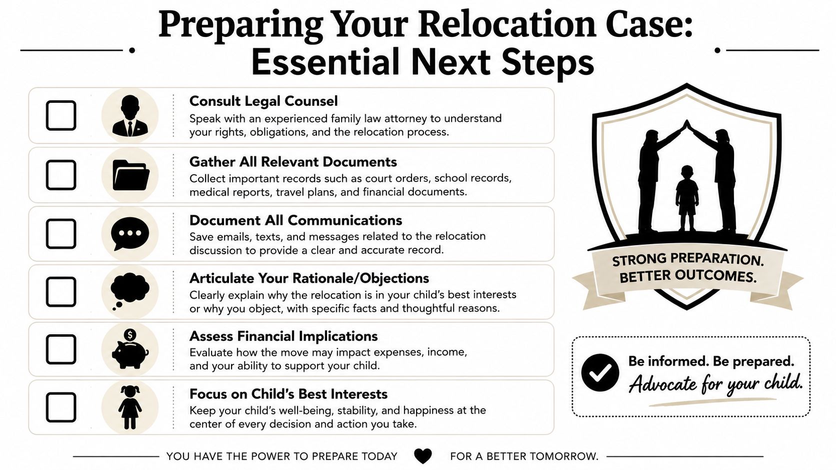 A checklist infographic outlining essential preparation steps for a child relocation legal case involving custody disputes.