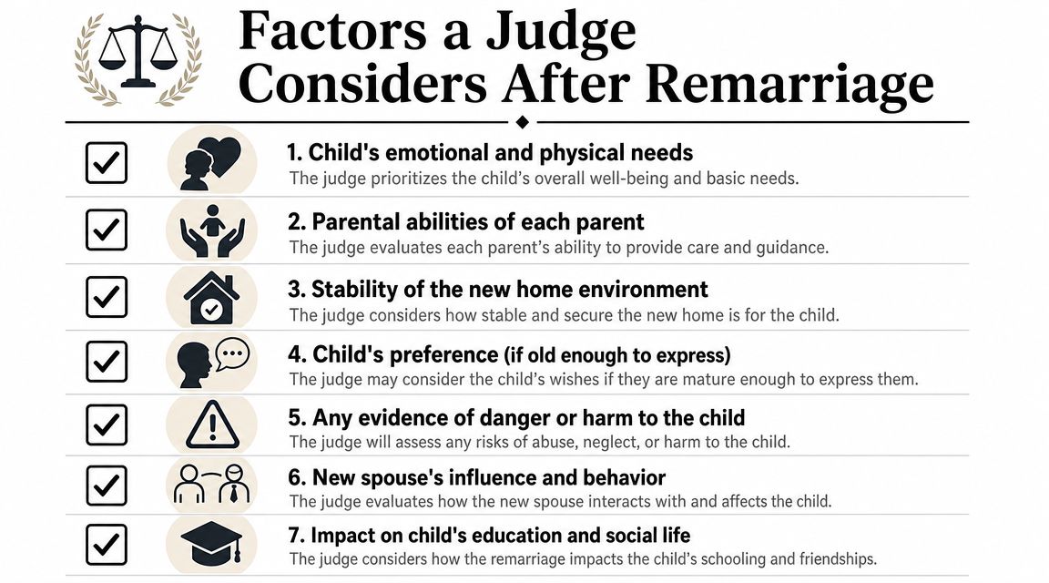 A checklist infographic outlining seven key factors a judge considers regarding child custody after parental remarriage.
