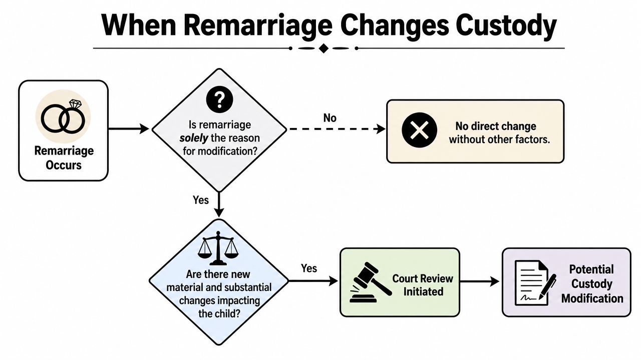A flow chart illustrating legal decision steps for child custody modifications following a parent's remarriage.