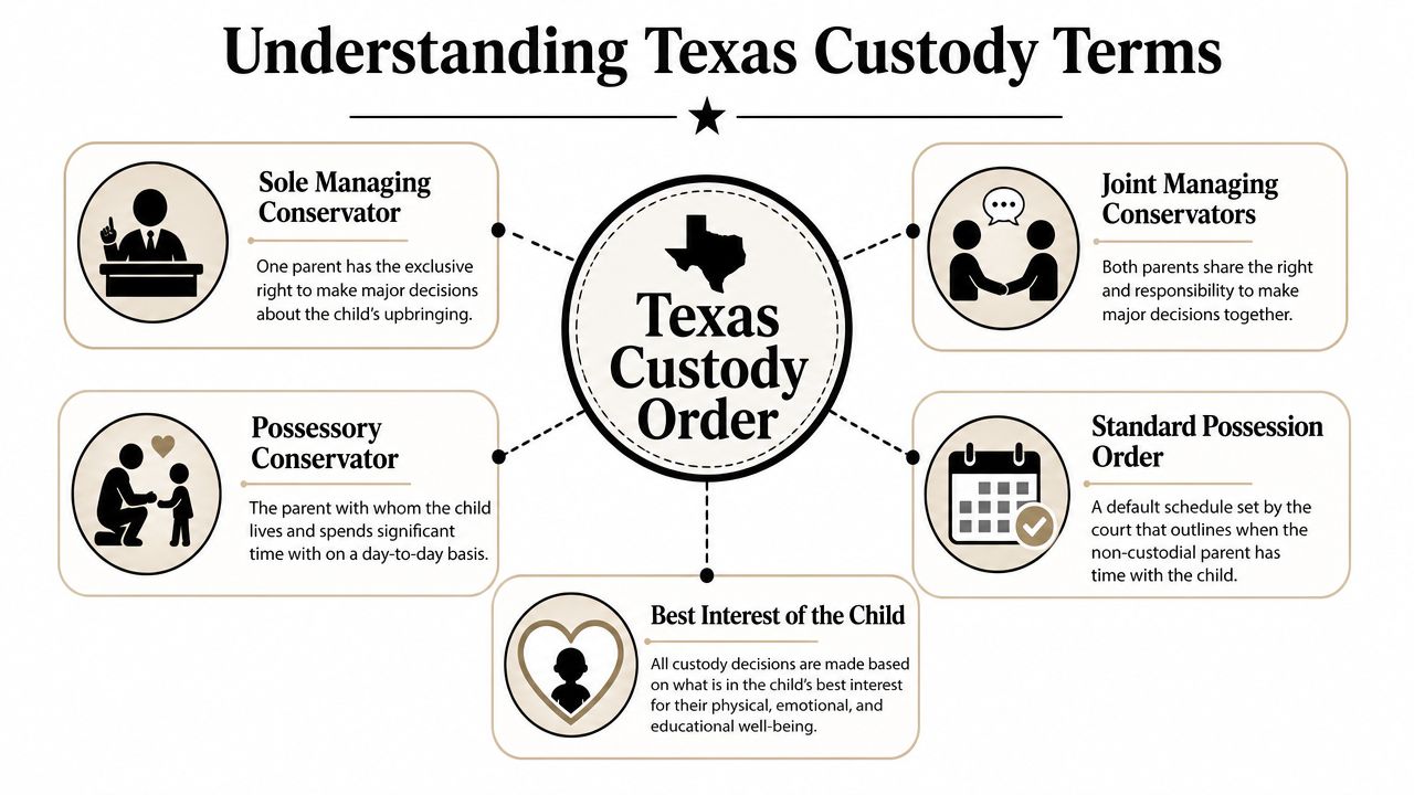 An infographic explaining essential legal terms related to Texas child custody orders for parents.