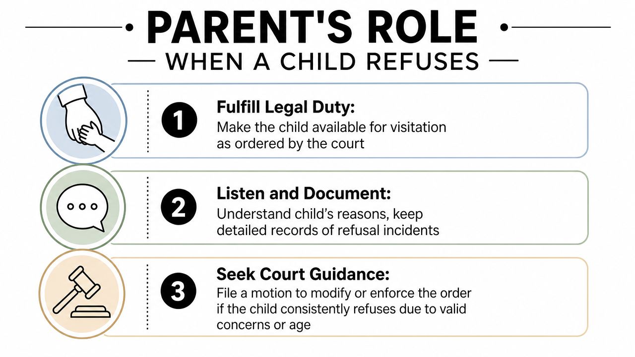 An infographic titled Parent's Role when a child refuses, outlining three steps for handling court-ordered visitation.