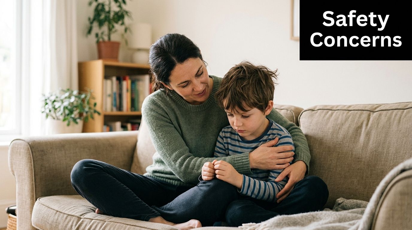 A caring mother comforts her young son while sitting together on a comfortable living room sofa.