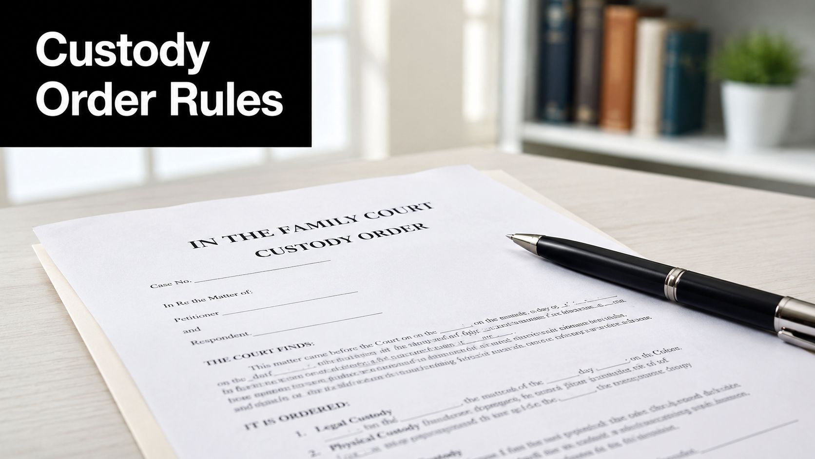 A legal custody order document rests on a desk with a pen, ready to be signed.