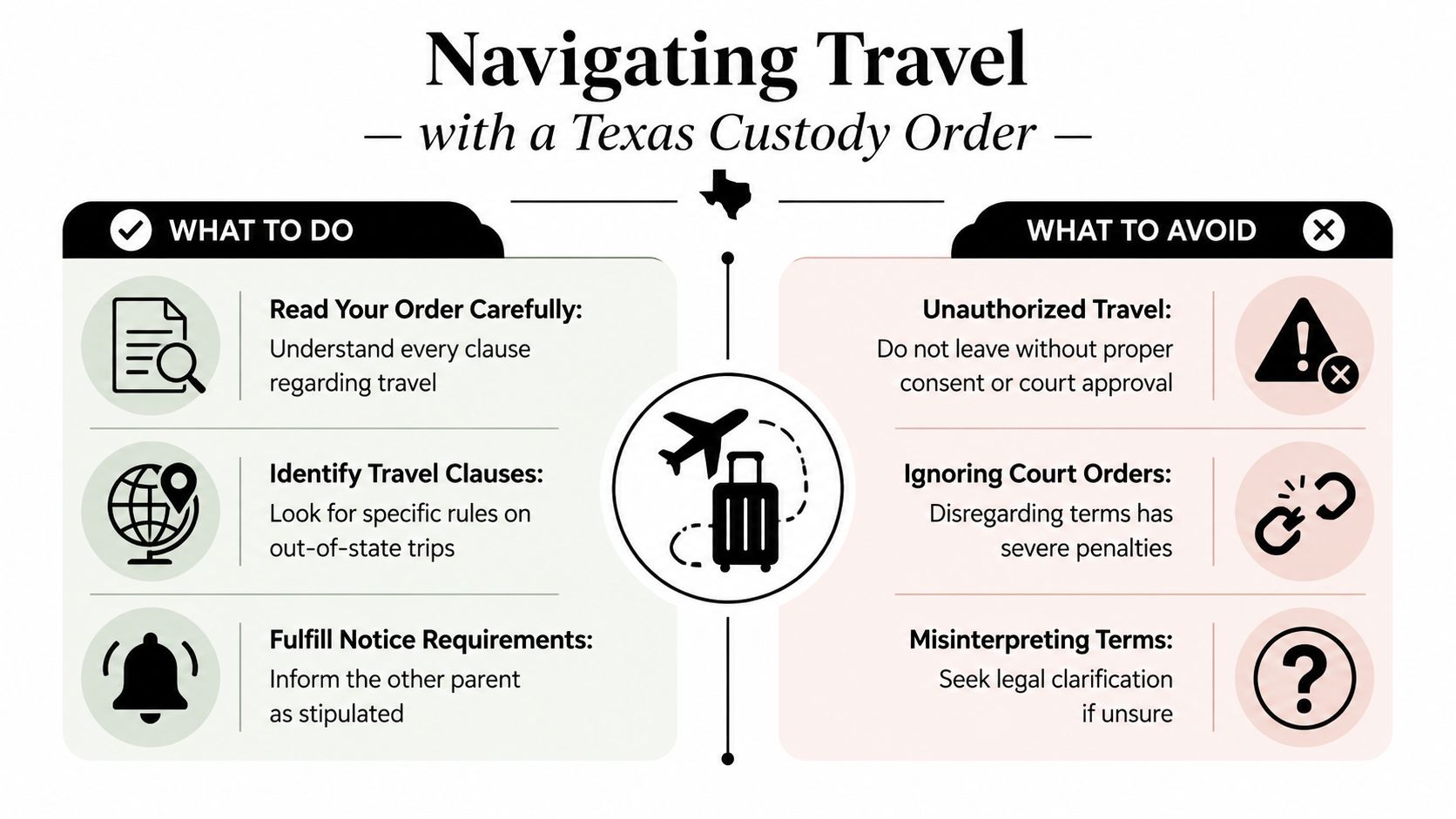 An infographic titled Navigating Travel with a Texas Custody Order outlining essential travel rules for parents.