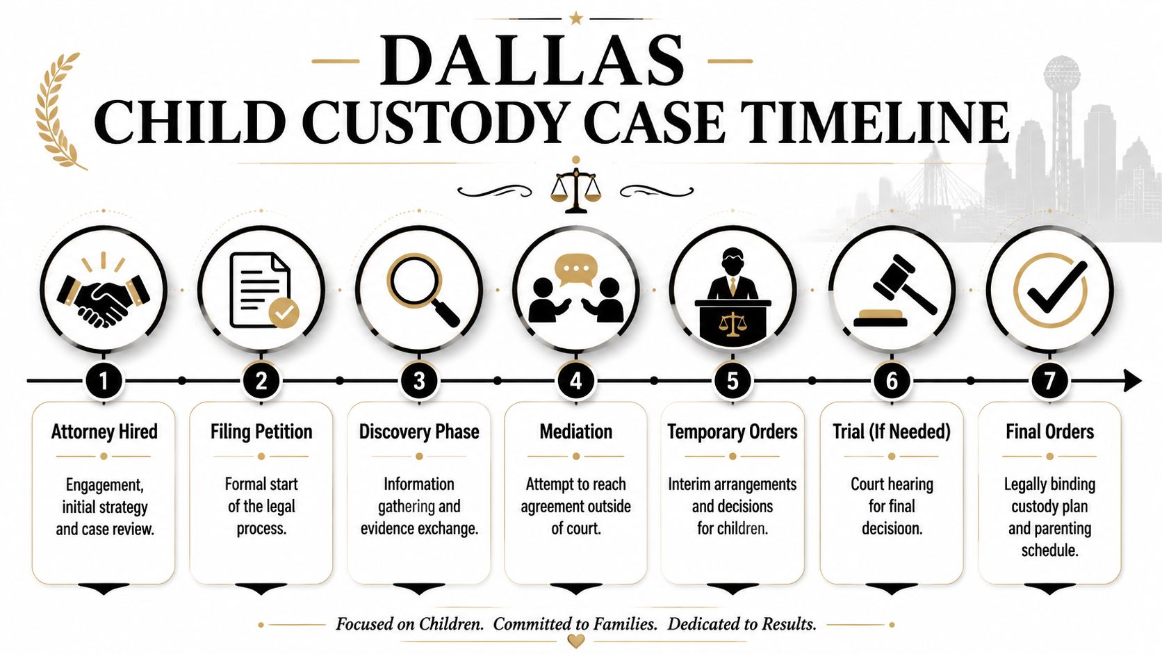 A step-by-step visual timeline illustrating the seven phases of a child custody legal case in Dallas.