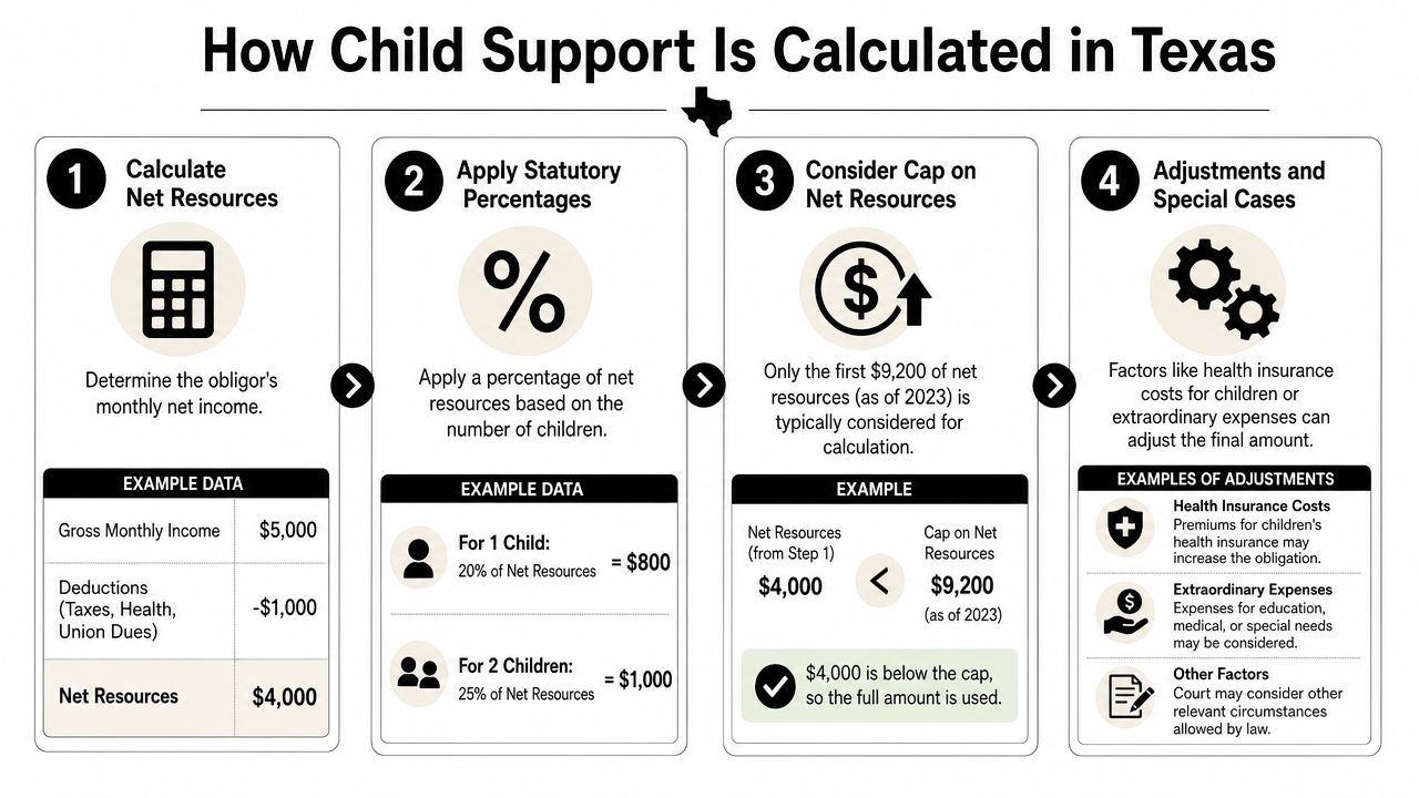 A flowchart detailing the four steps for calculating monthly child support obligations in the state of Texas.